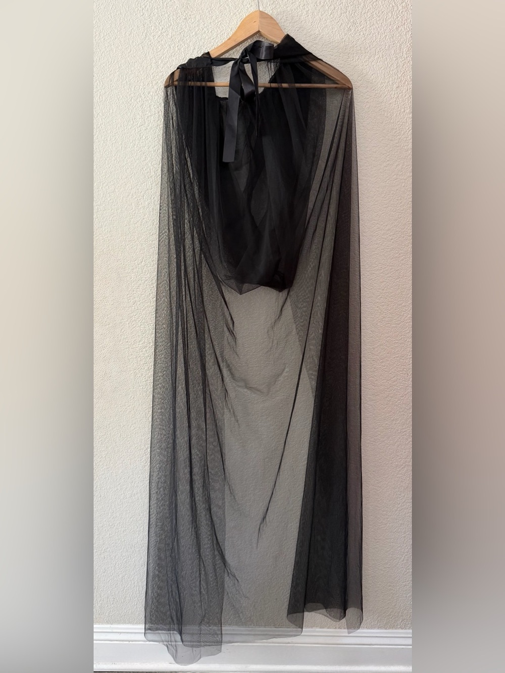 Sheer Black Mesh Full Length Cape with hood + ribbon tie neck closure one size